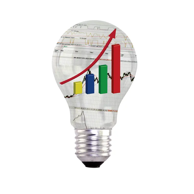 Une ampoule renfermant un histogramme et une courbe ascendante : l'idée qui devient croissance mesurable.
